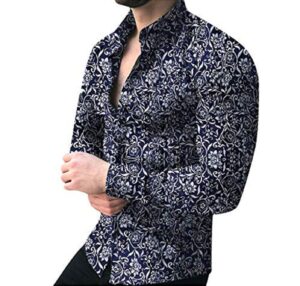 men's casual hawaii floral printed shirts loose long sleeve button lapel t-shirt fashion top blouse