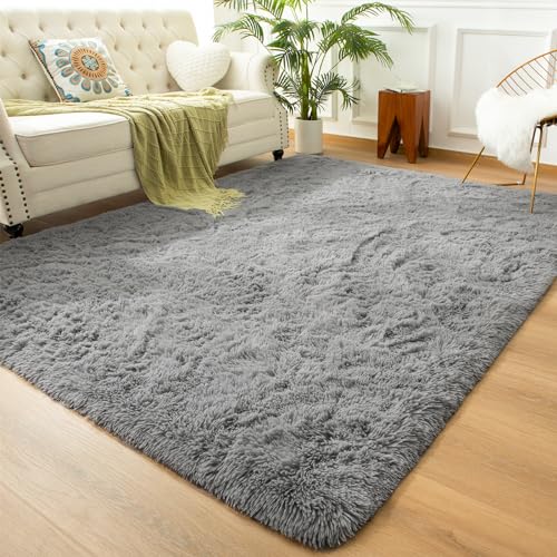 Andecor Soft Fluffy Bedroom Rugs, 5 x 8 Feet Indoor Shaggy Plush Area Rug for Boys Girls Kids Baby College Dorm Living Room Home Decor Floor Carpet, Grey