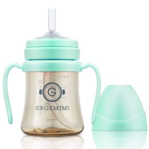 grosmimi spill proof no spill magic sippy cup with straw with handle for baby and toddlers, customizable, ppsu, bpa free 6 oz (aqua green)