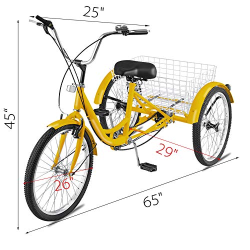 Happybuy 20/24/26 inch Adult Tricycle 1/7 Speed 3 Wheel Bike Adult Tricycle Trike Cruise Bike Large Size Basket for Recreation Shopping (Yellow, 26 Inch / 7 Speed)