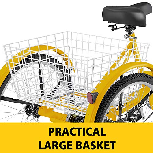 Happybuy 20/24/26 inch Adult Tricycle 1/7 Speed 3 Wheel Bike Adult Tricycle Trike Cruise Bike Large Size Basket for Recreation Shopping (Yellow, 26 Inch / 7 Speed)