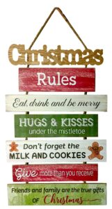 christmas wood wall decor hanging sign, rustic wooden plaque, holiday rules 23" x 13.75" jute hanger