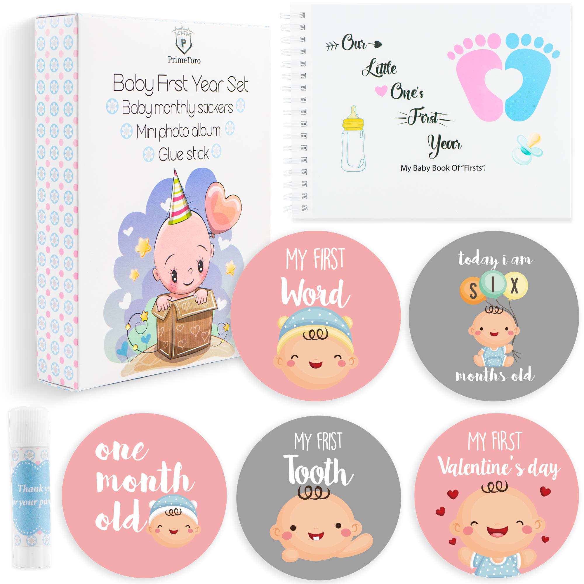 Baby Milestone Stickers Boy Girl - Premium Set of 30 Newborn Infant Monthly Growth Stickers - 1 Photo Album Memory Registry Cute Baby Shower Gift Birthday- Baby Memory Book with Keepsake Box for Mommy