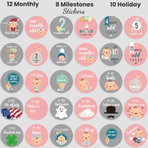 Baby Milestone Stickers Boy Girl - Premium Set of 30 Newborn Infant Monthly Growth Stickers - 1 Photo Album Memory Registry Cute Baby Shower Gift Birthday- Baby Memory Book with Keepsake Box for Mommy