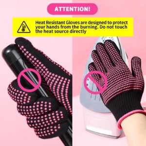 Teenitor 2 Pcs Heat Resistant Gloves With Silicone Bumps, Professional Heat Proof Glove Mitts For Hair Styling Curling Iron Wand Flat Iron Hot-Air Brushes Sublimation Gloves Rose Red