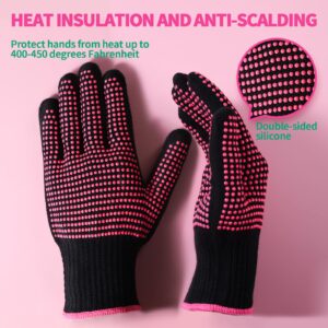 Teenitor 2 Pcs Heat Resistant Gloves With Silicone Bumps, Professional Heat Proof Glove Mitts For Hair Styling Curling Iron Wand Flat Iron Hot-Air Brushes Sublimation Gloves Rose Red