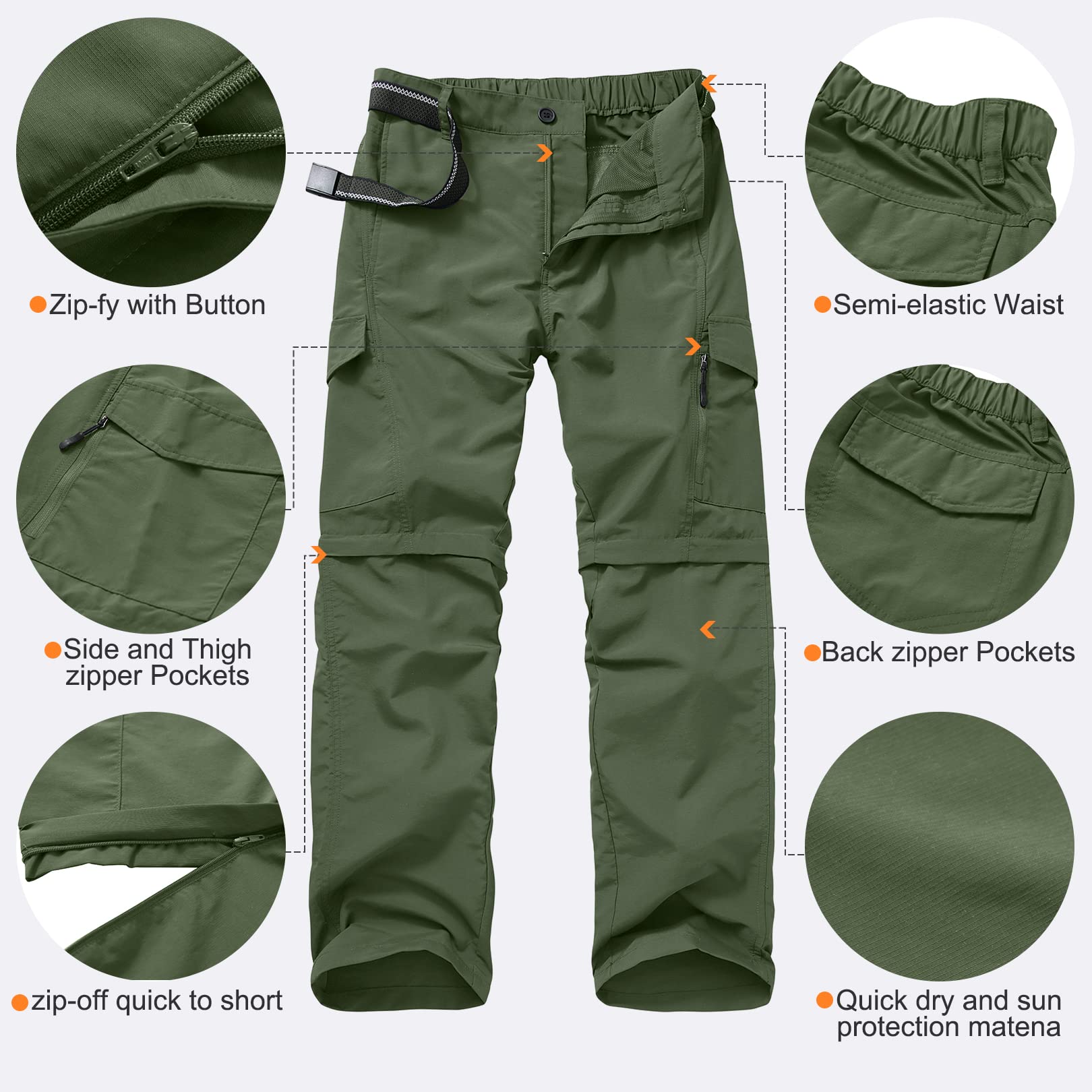 Mens Hiking Pants Convertible Quick Dry Zip Off UPF Lightweight Fishing Travel Camping Safari Pants,Army Green,42