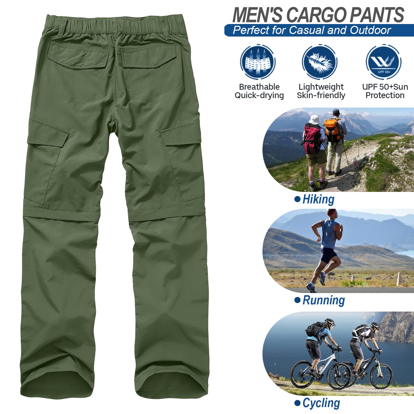 Mens Hiking Pants Convertible Quick Dry Zip Off UPF Lightweight Fishing Travel Camping Safari Pants,Army Green,42