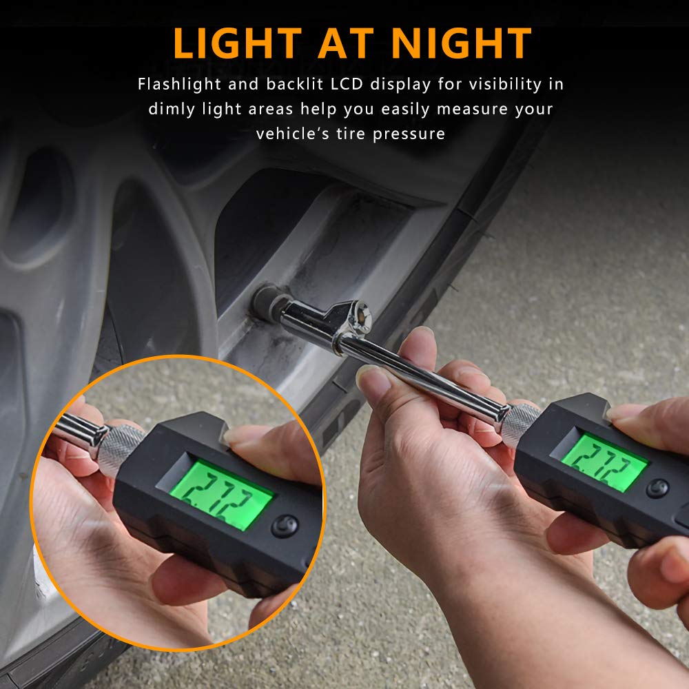 Number-one Digital Tire Pressure Gauge 230 PSI Auto Shut Off LCD Backlight Digital Display RV Heavy Duty Dual Head Rotatable Pressure Measuring Valve with LED Flashlight for RV Car Truck Motorcycle