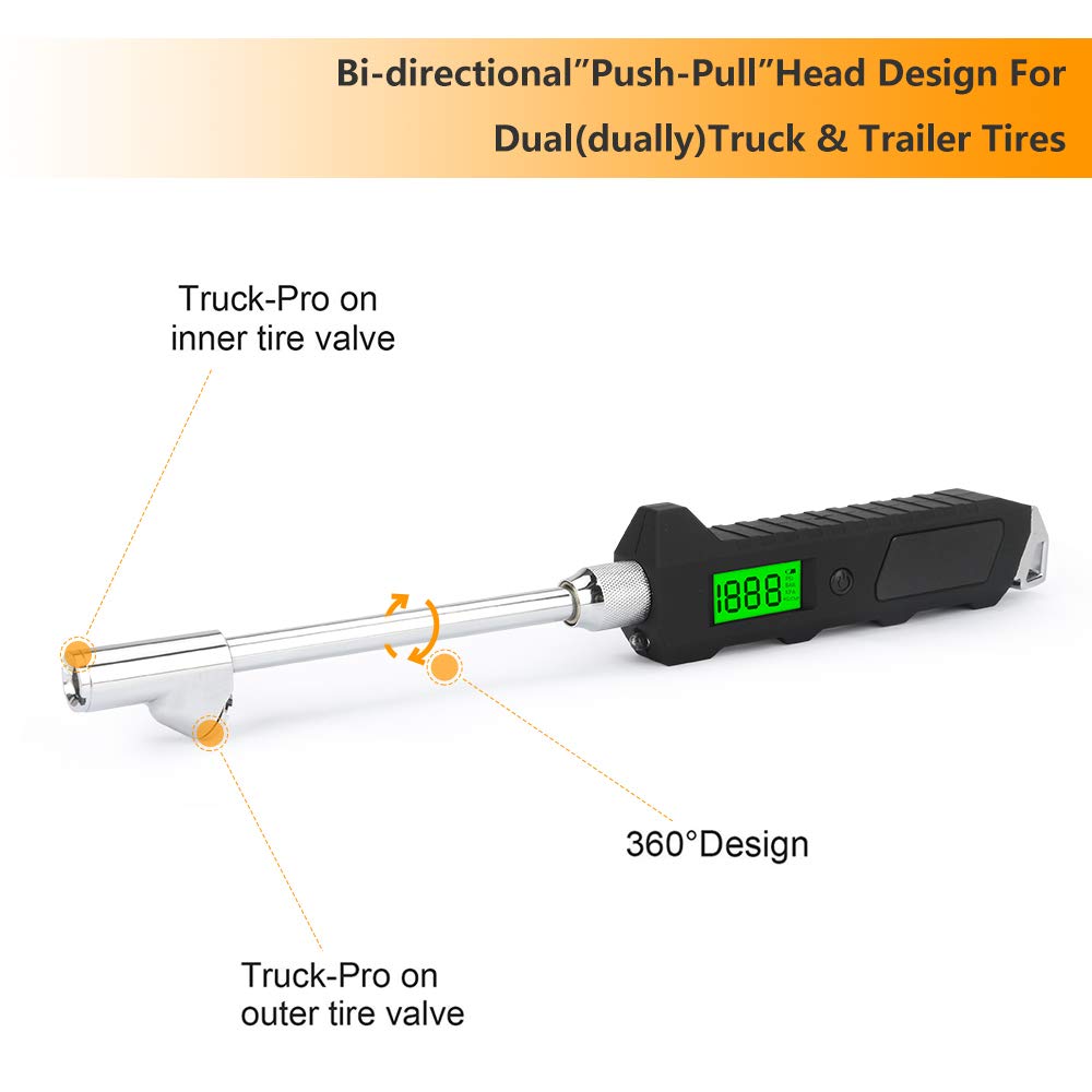 Number-one Digital Tire Pressure Gauge 230 PSI Auto Shut Off LCD Backlight Digital Display RV Heavy Duty Dual Head Rotatable Pressure Measuring Valve with LED Flashlight for RV Car Truck Motorcycle