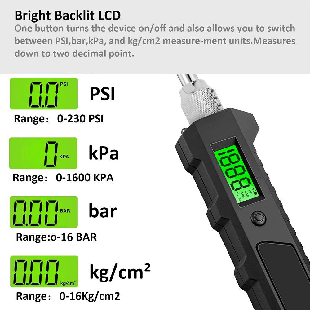 Number-one Digital Tire Pressure Gauge 230 PSI Auto Shut Off LCD Backlight Digital Display RV Heavy Duty Dual Head Rotatable Pressure Measuring Valve with LED Flashlight for RV Car Truck Motorcycle