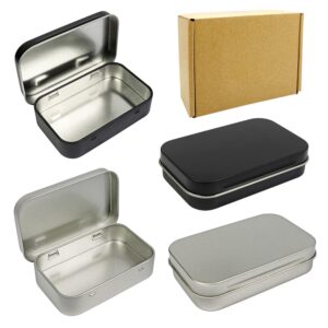 4 pack metal rectangular empty hinged tins box containers 3.75 by 2.45 by 0.8 inch silver & black mini portable box small storage kit home organizer (2 black 2 silver)