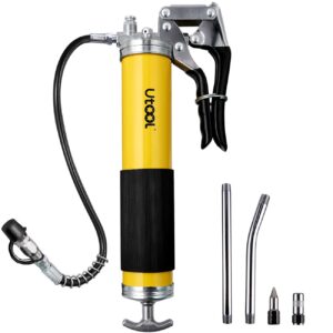 utool grease gun, 8000 psi heavy duty pistol grip grease gun kit, 14 oz load, 18 inch resin flex hose, 2 basic coupler, 2 extension rigid pipe and 1 sharp type nozzle