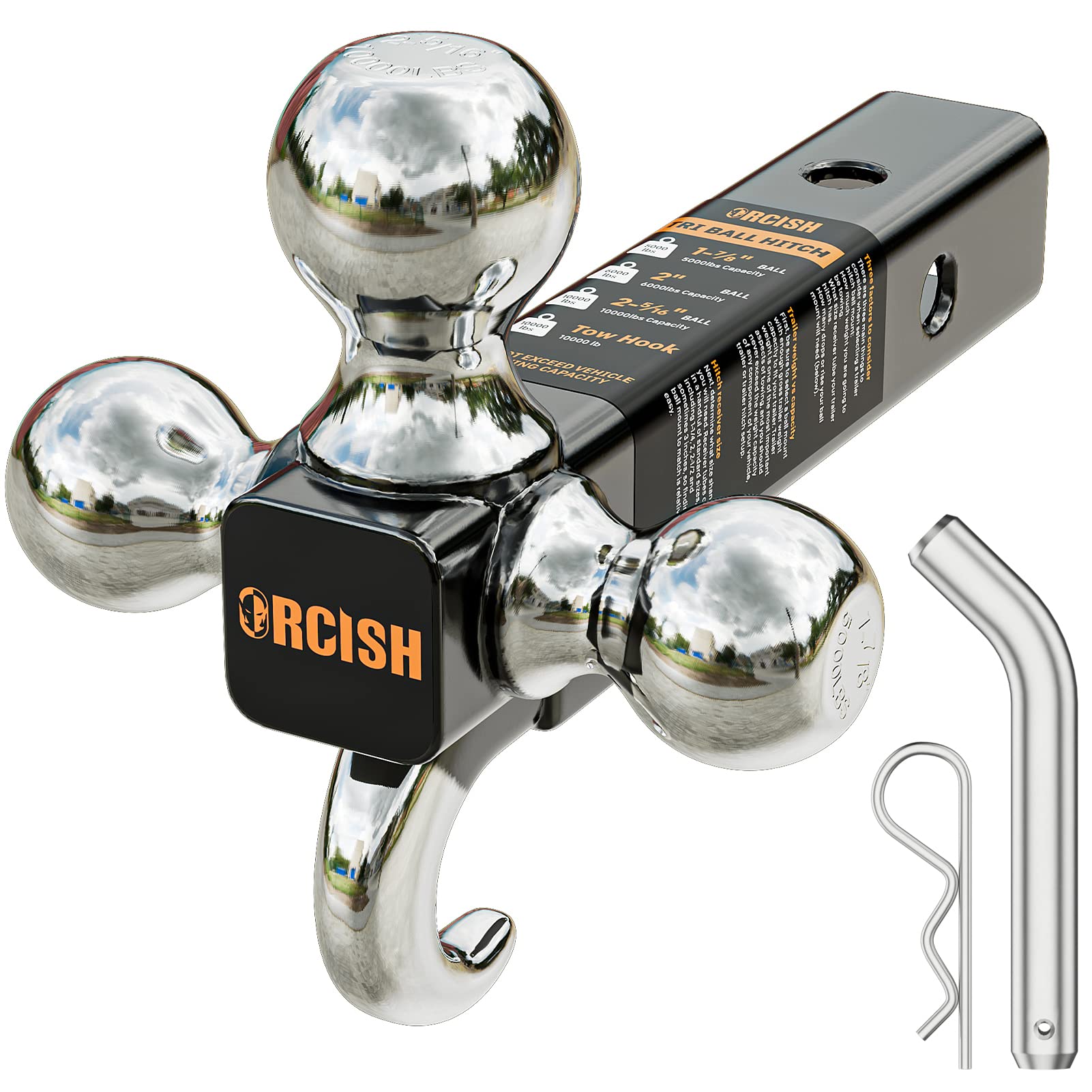 ORCISH Trailer Hitch Tri-Ball Mount with Hook & Pin, Trailer Ball Size 1-7/8", 2" and 2-5/16", Fit 2 Inch Hitch Receiver, 2/3 in 1 Ball Truck Hitch, Tow Hitch