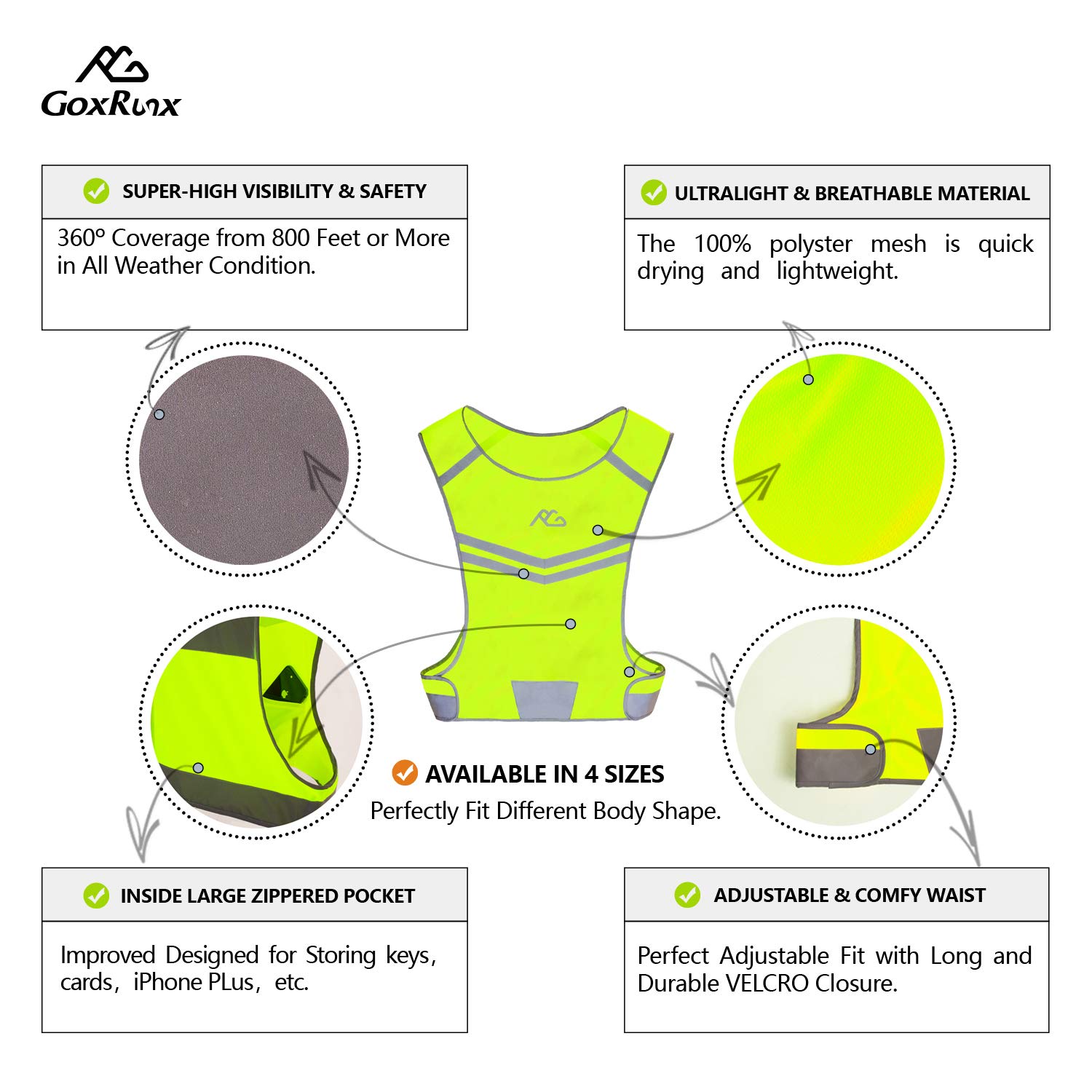 GoxRunx Reflective Running Vest Gear Ultralight & Comfortable Cycling Motorcycle Reflective Vest-Large Zippered Inside Pocket & Adjustable Waist- High Visibility Night Running Safety Vest (Yellow, M)