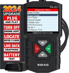 ediag ya-201 obd2 scanner, full obd2 modes check engine code reader after 1996 all obdii/eobd/kobd/can cars, o2 sensor evap systems, battery test,live data stream,plug & play