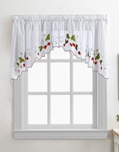 chf strawberry garden kitchen curtain window swag pair, rod pocket, 28w x 30l inch, red