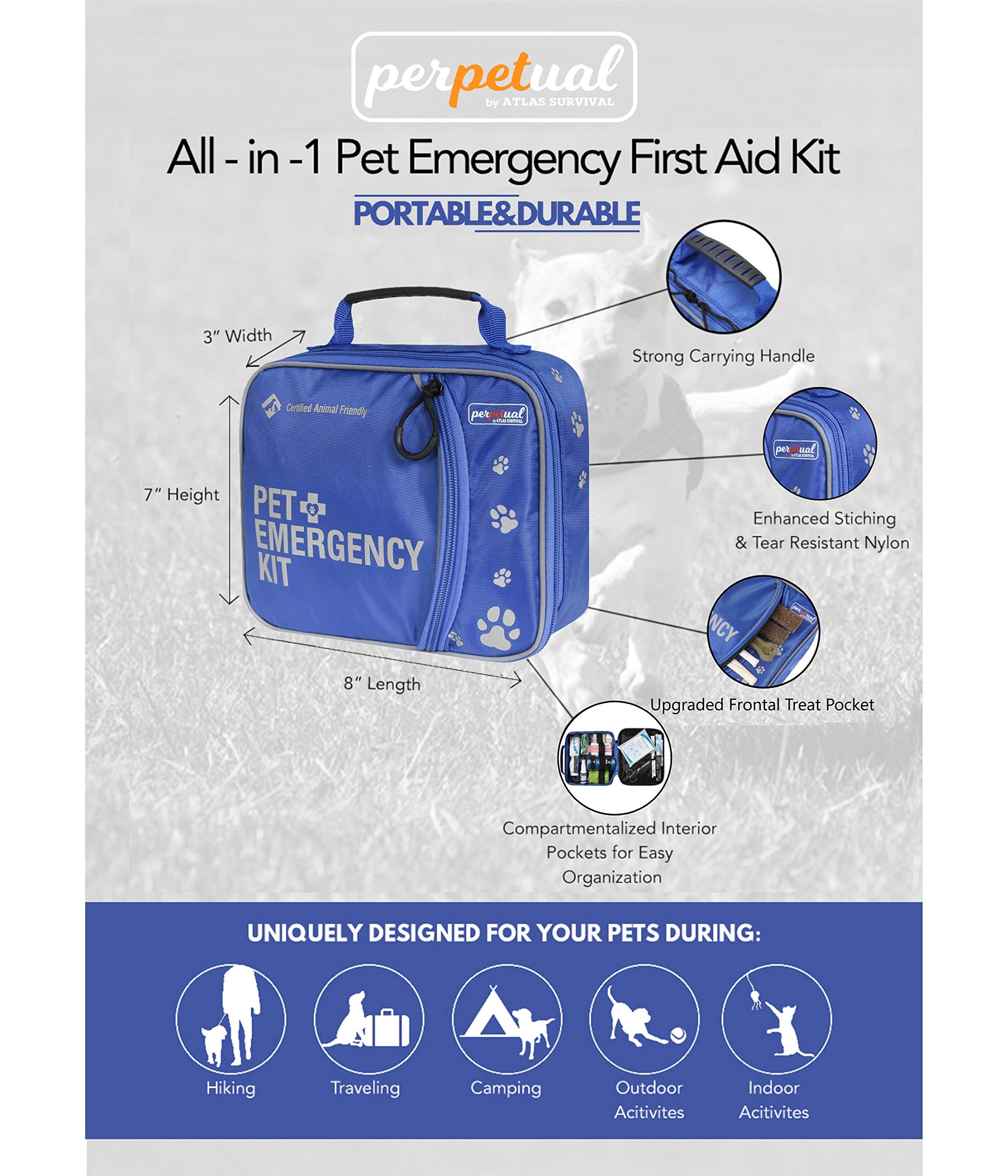 Perpetual Pet First Aid Kit with Vet Wrap, Styptic Powder, Bitter Spray & Veterinary Splint. Ideal for Hiking, Travelling, Camping, Outdoor & Indoor Activities