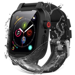 for apple watch case 44mm waterproof case, ip68 full body protection case with screen protector and band, case cover for iwatch series 6/5/4/se 44mm, black