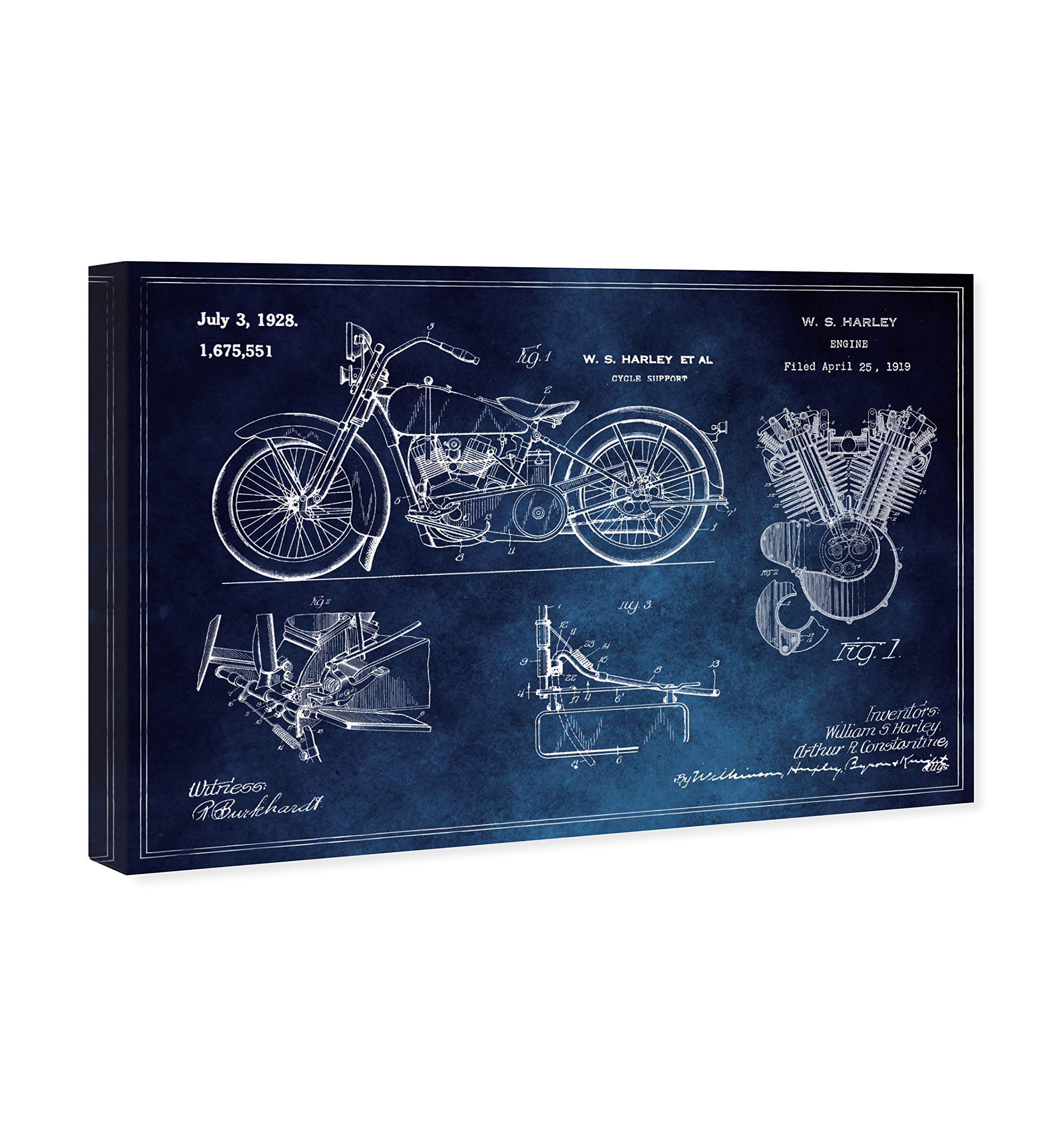 Wynwood Studio Transportation Wall Art Canvas Prints 'Harley Engine 1923 Set Horiz Blue Chalkboard' Home Décor, 30 in x 20 in, Stretched 3/4 inch