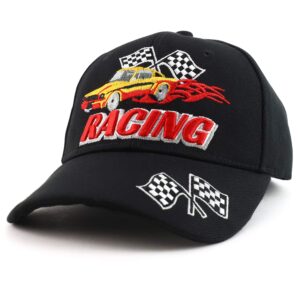 trendy apparel shop racing 3d embroidered flame car race flag baseball cap - black