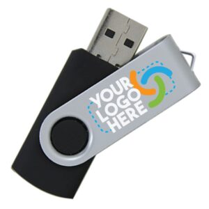 32gb custom usb flash drives personalized with your logo - for promotional use - swivel - black body/silver clip - 20 pack