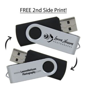 2GB Custom USB Flash Drives Personalized with Your Logo - for Promotional Use - Swivel - Black Body/Silver Clip - 20 Pack