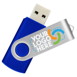 1gb custom usb flash drives personalized with your logo - for promotional use - swivel - blue body/silver clip - 50 pack