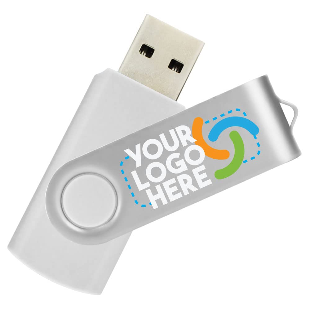 1GB Custom USB Flash Drives Personalized with Your Logo - for Promotional Use - Swivel - White Body/Silver Clip - 50 Pack