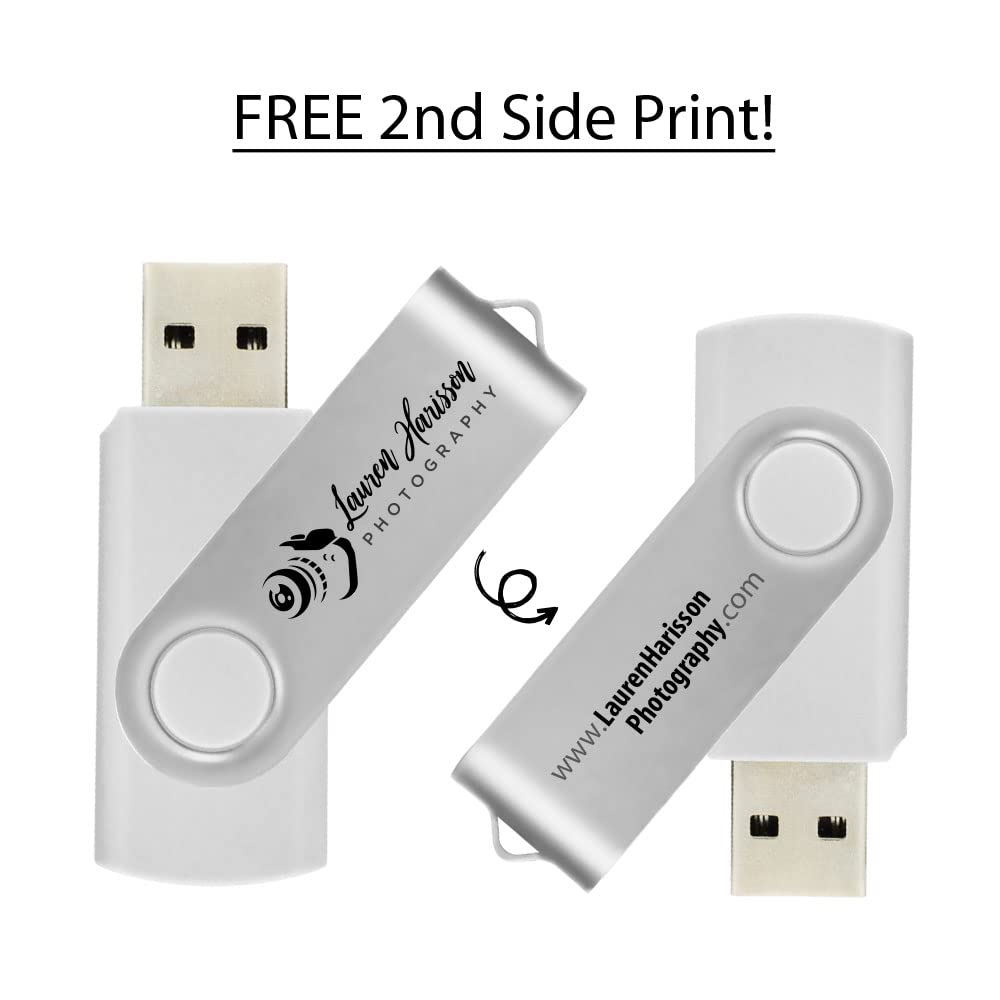 1GB Custom USB Flash Drives Personalized with Your Logo - for Promotional Use - Swivel - White Body/Silver Clip - 50 Pack