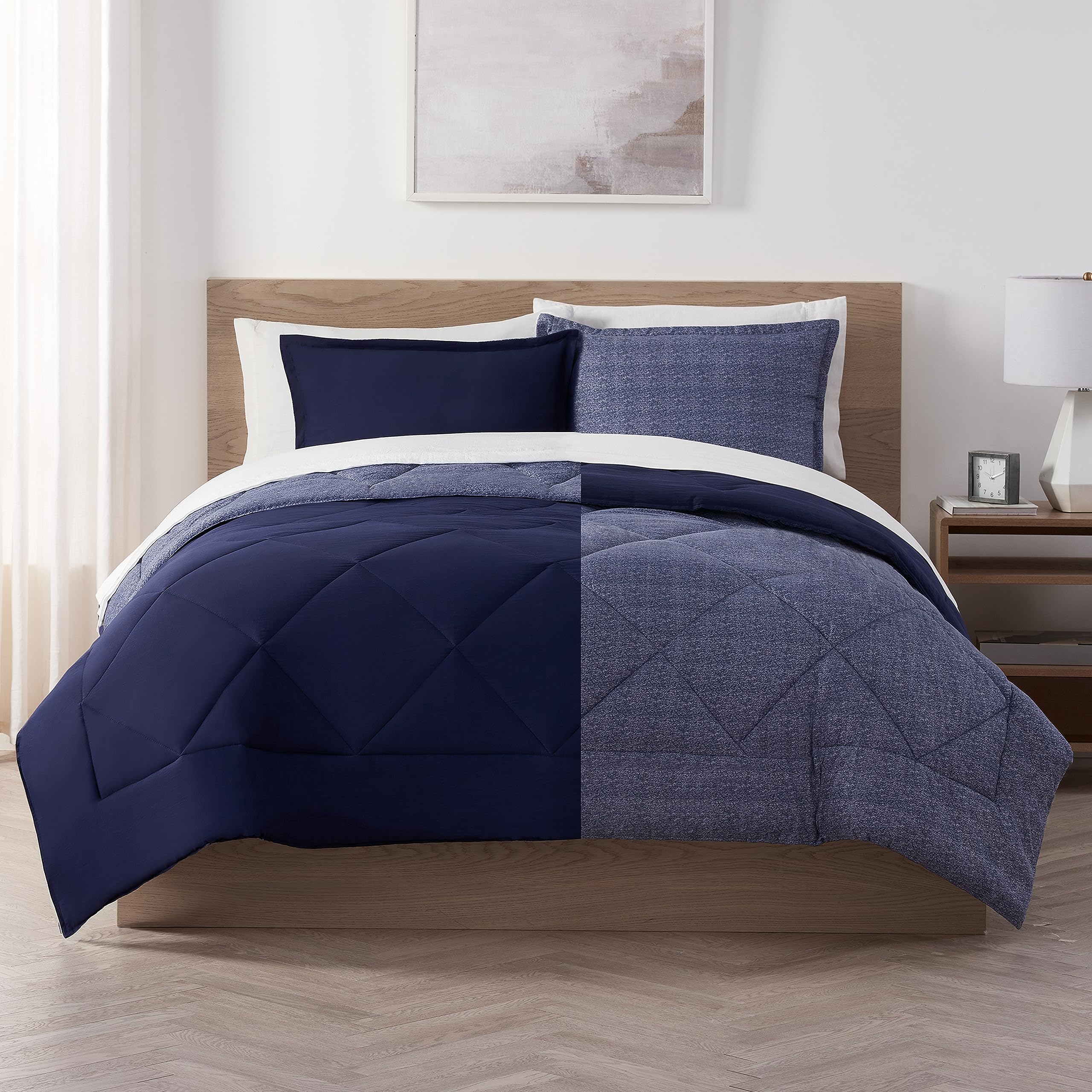 Serta Supersoft Cooling 7 Piece Reversible Complete Bedding Comforter Set with Sheets and Pillow Case for All Season, Queen, Peacoat