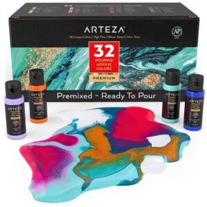 arteza acrylic pouring paint set of 32, 2 ounce bottles, assorted colors, high flow paint, art supplies for pouring on canvas, glass, paper, wood