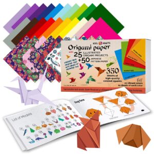 origami paper | 350 origami paper kit | set includes - 300 sheets 20 colors 6x6 | 50 traditional japanese patterns | origami book 25 easy colored projects | kids crafts | christmas gifts for boys 8-12