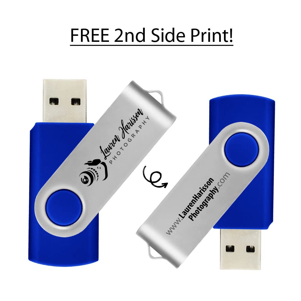 32GB Custom USB Flash Drives Personalized with Your Logo - for Promotional Use - Swivel - Blue Body/Silver Clip - 50 Pack
