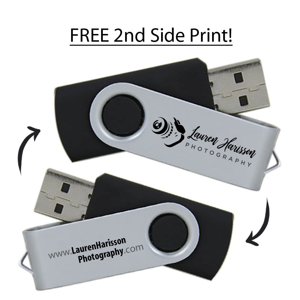 8GB Custom USB Flash Drives Personalized with Your Logo - for Promotional Use - Swivel - Black Body/Silver Clip - 100 Pack