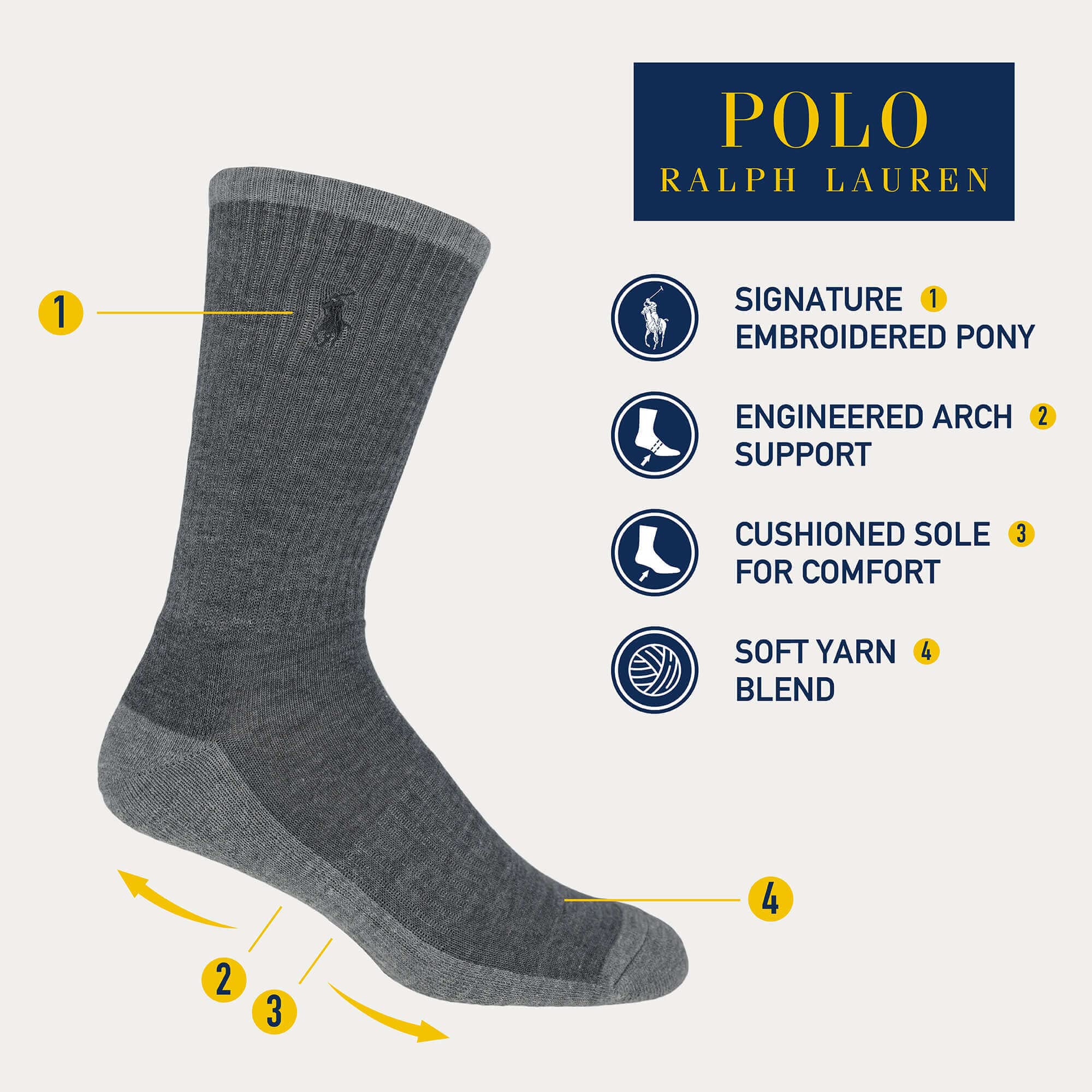 POLO RALPH LAUREN Men's Tri-Color Heather Casual Crew Socks 3 Pair Pack - Arch Support and Comfort Cushioning, Denim Heather, 6-12.5