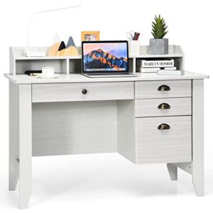 tangkula white desk with 4 storage drawers & hutch, home office computer desk vintage desk with storage shelves, wooden executive desk writing study desk (white)