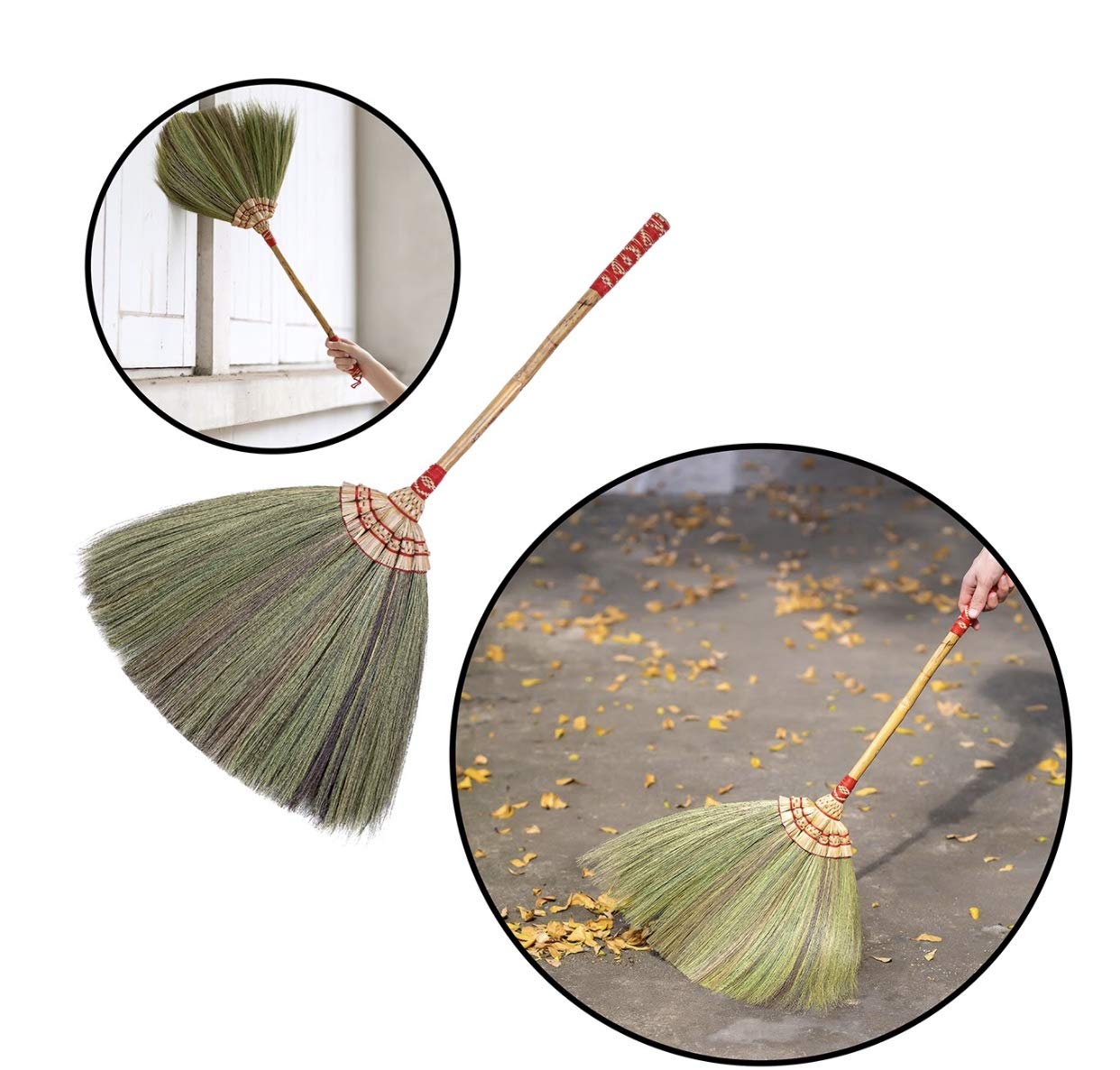 SN SKENNOVA - Asian Flower Grass Broom Witch Broom Bamboo Stick Handle Red or Green on Random