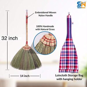 SN SKENNOVA - Asian Flower Grass Broom Witch Broom Bamboo Stick Handle Red or Green on Random