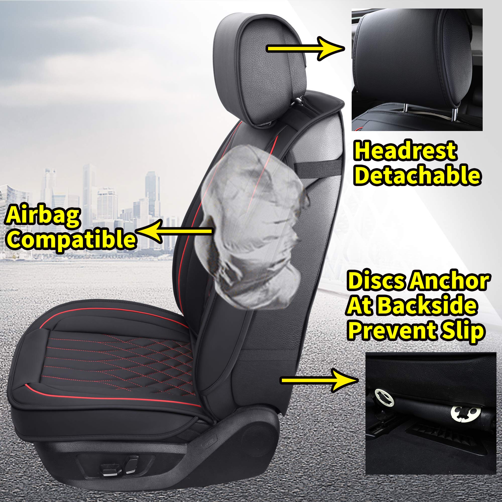 Aierxuan 5pcs Car Seat Covers Full Set with Waterproof Leather,Airbag Compatible Automotive Vehicle Cushion Cover Universal fit for Most Cars (Black and red)