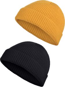 satinior 2 pieces winter short fisherman beanie hat trawler beanie watch hat edge skullcap for men (black and yellow)