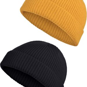 SATINIOR 2 Pieces Winter Short Fisherman Beanie Hat Trawler Beanie Watch Hat Edge Skullcap for Men (Black and Yellow)