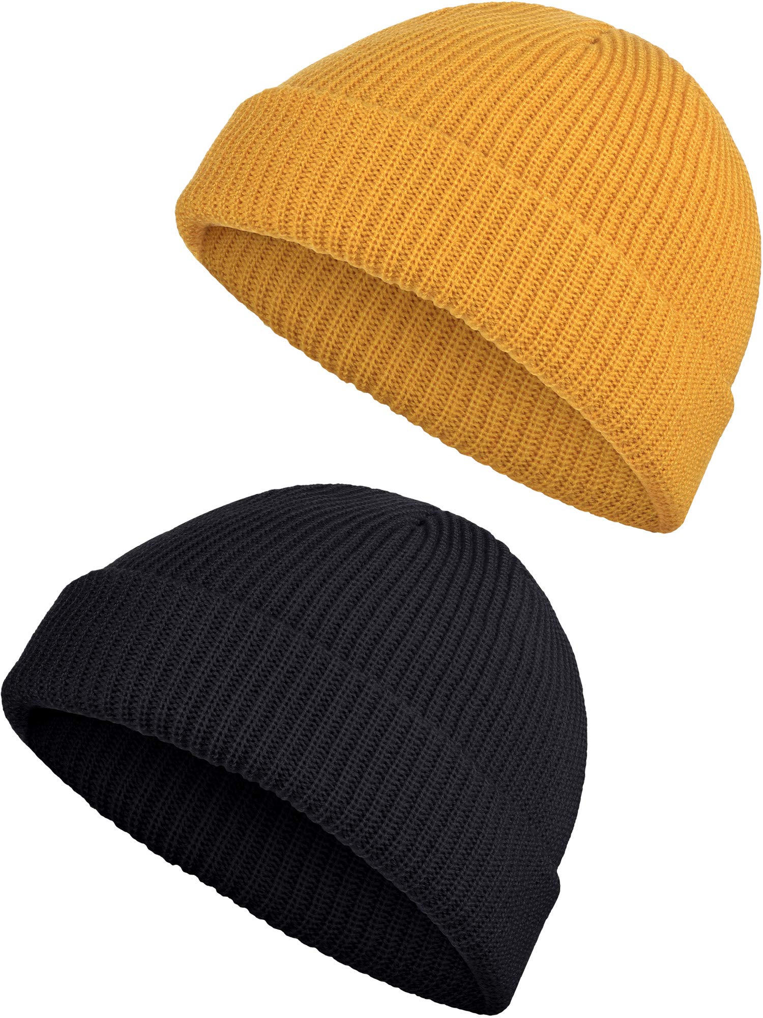 SATINIOR 2 Pieces Winter Short Fisherman Beanie Hat Trawler Beanie Watch Hat Edge Skullcap for Men (Black and Yellow)