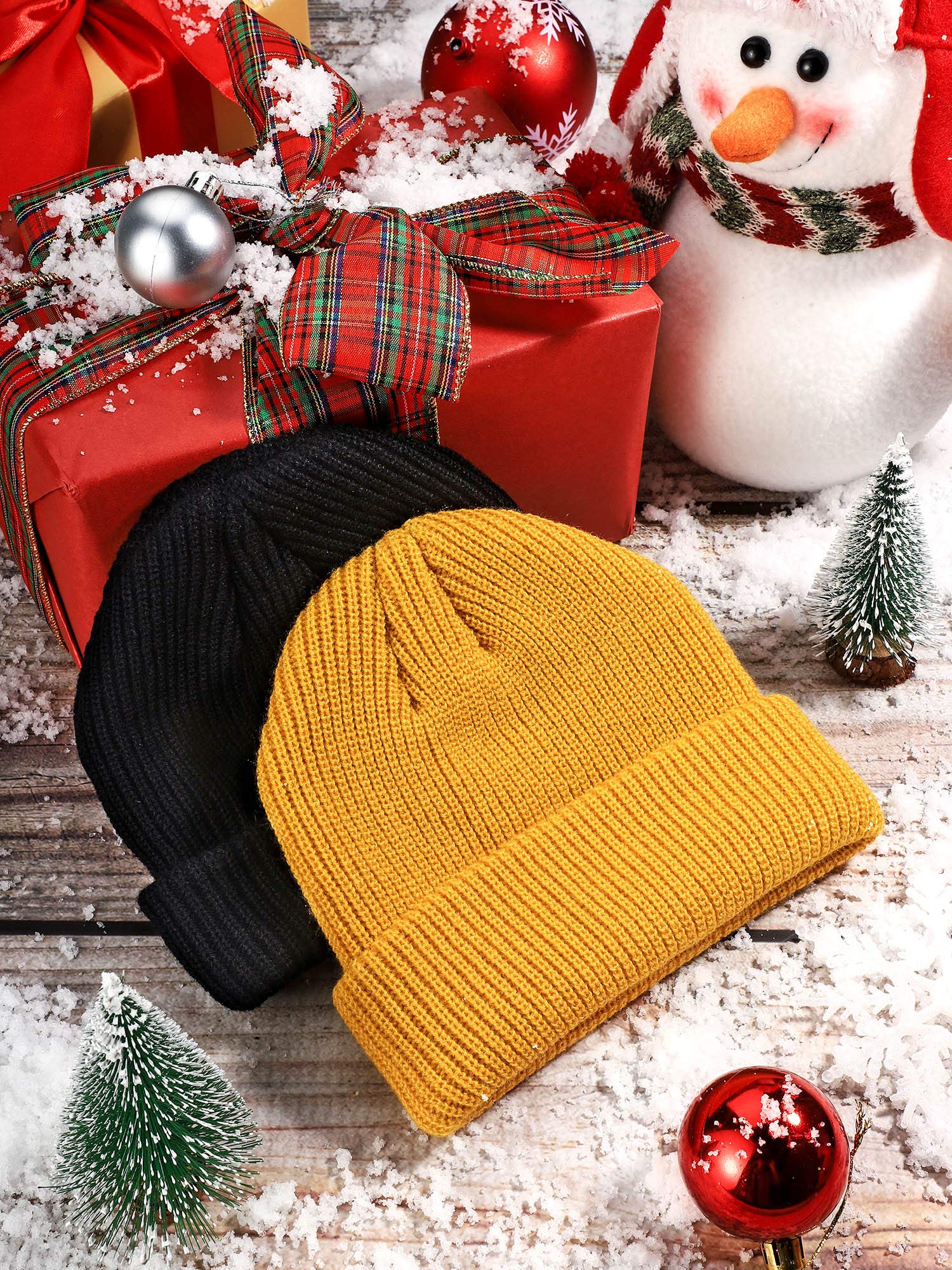 SATINIOR 2 Pieces Winter Short Fisherman Beanie Hat Trawler Beanie Watch Hat Edge Skullcap for Men (Black and Yellow)