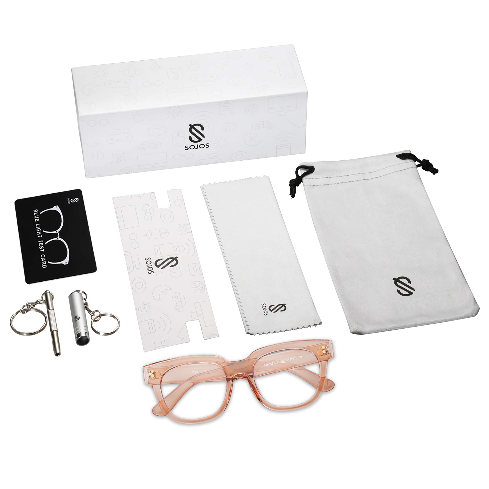 SOJOS Oversized Square Anti Blue Light Blocking Glasses for Women Thick Computer Eyeglasses Double Metal Studs SJ5053 with Crystal Pink Frame/Anti-Blue Light Lens