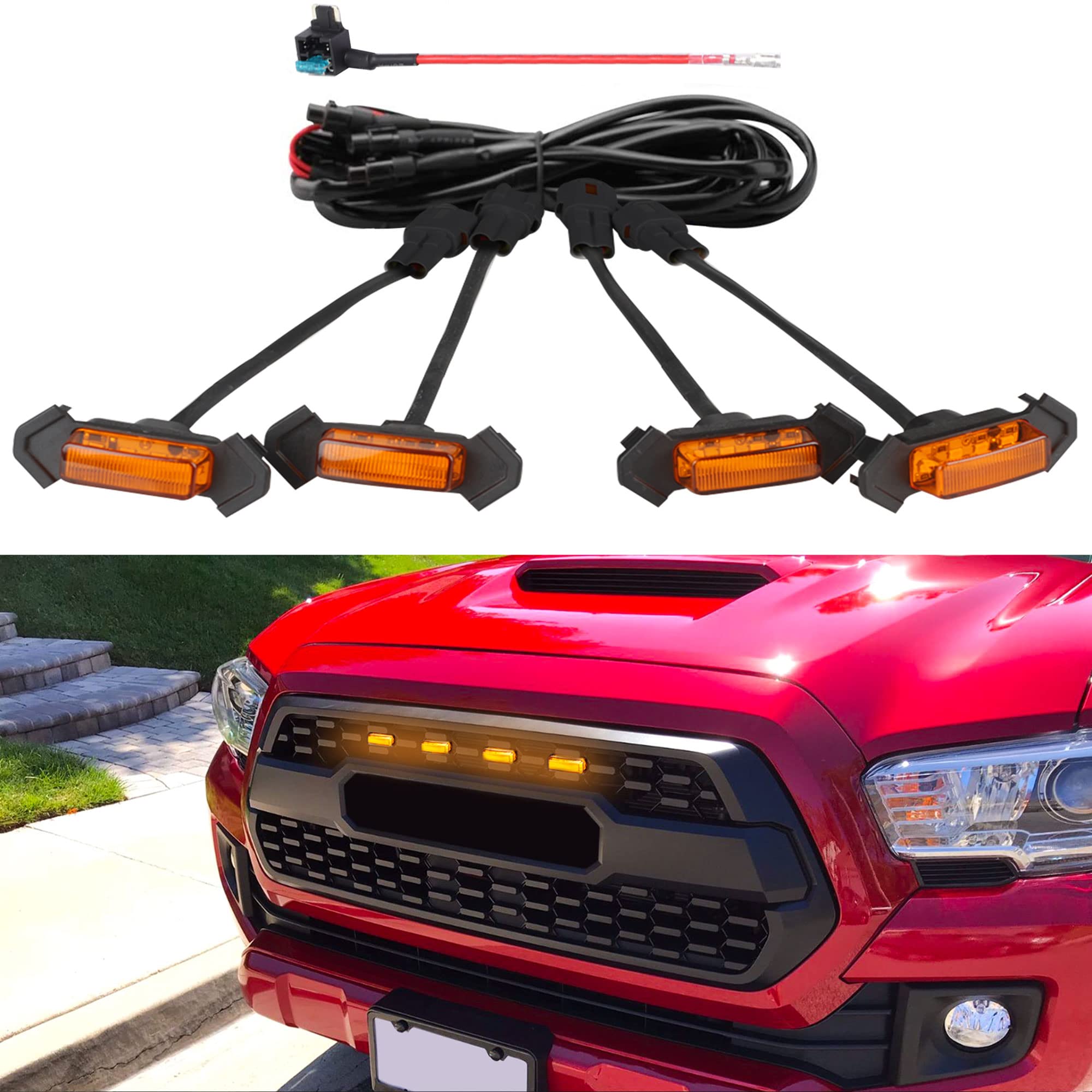 Seven Sparta 4 PCS Grill Led Lights with Fuse Adaptor Compatible with 2016-2023 Toyota Tacoma TRD PRO OEM Front Grille, Not Compatible with Tacoma Off Road & Sport (Amber Light with Amber Shell)