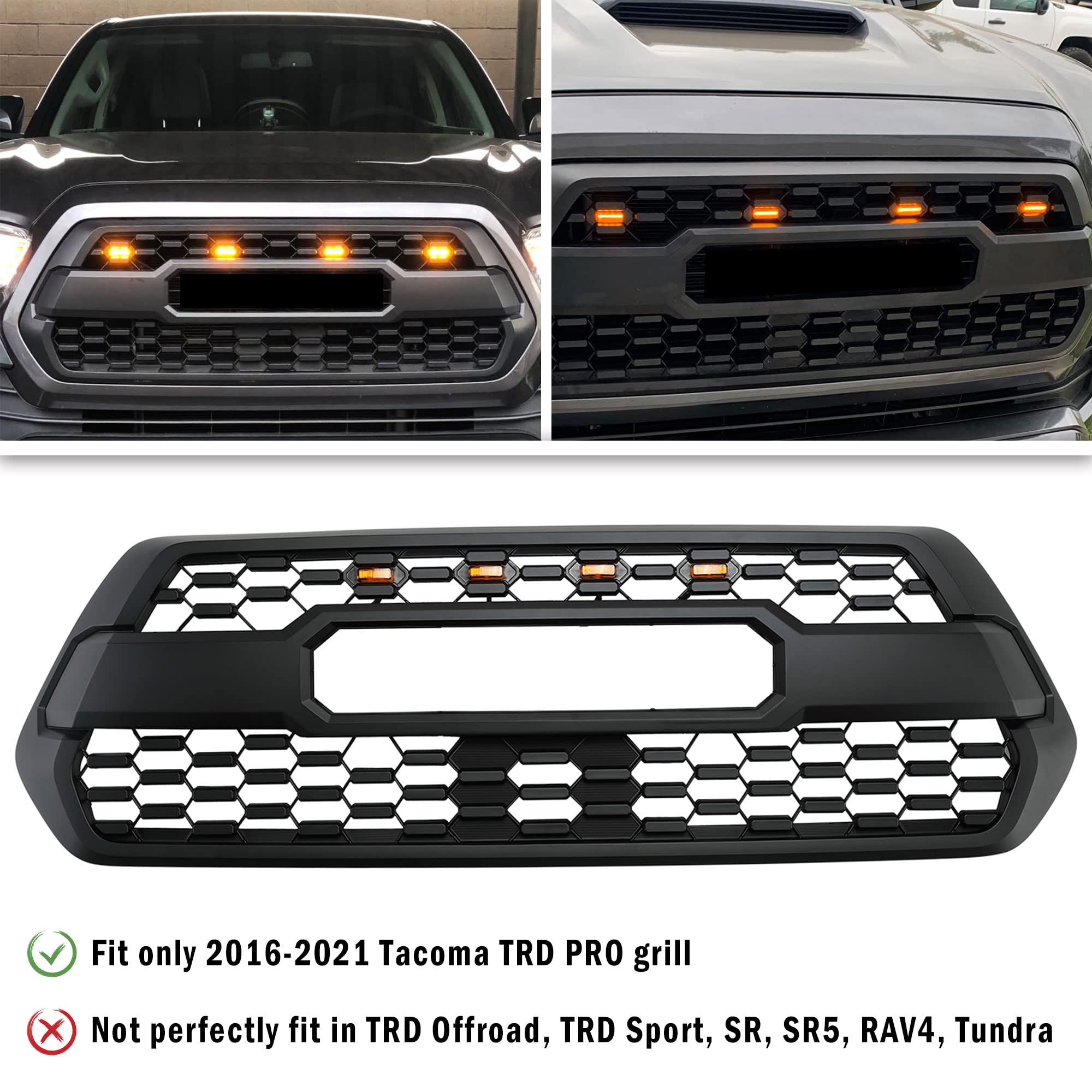 Seven Sparta 4 PCS Grill Led Lights with Fuse Adaptor Compatible with 2016-2023 Toyota Tacoma TRD PRO OEM Front Grille, Not Compatible with Tacoma Off Road & Sport (Amber Light with Amber Shell)