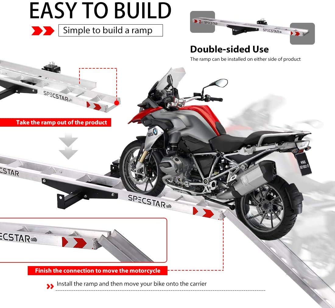 SPECSTAR Heavy Duty Aluminum Motorcycle Carrier, 450 Lbs Capacity Hitch Mounted Scooter Dirt Bike Rack with Loading Ramp and Locking Device