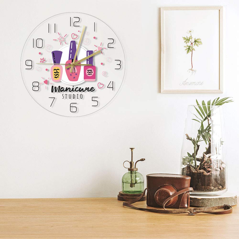 The Geeky Days Manicure Studio Nail Polish Custom Print Silent Wall Clock Personalized Nail Salon Hanging Watch Gift for Nail Technician