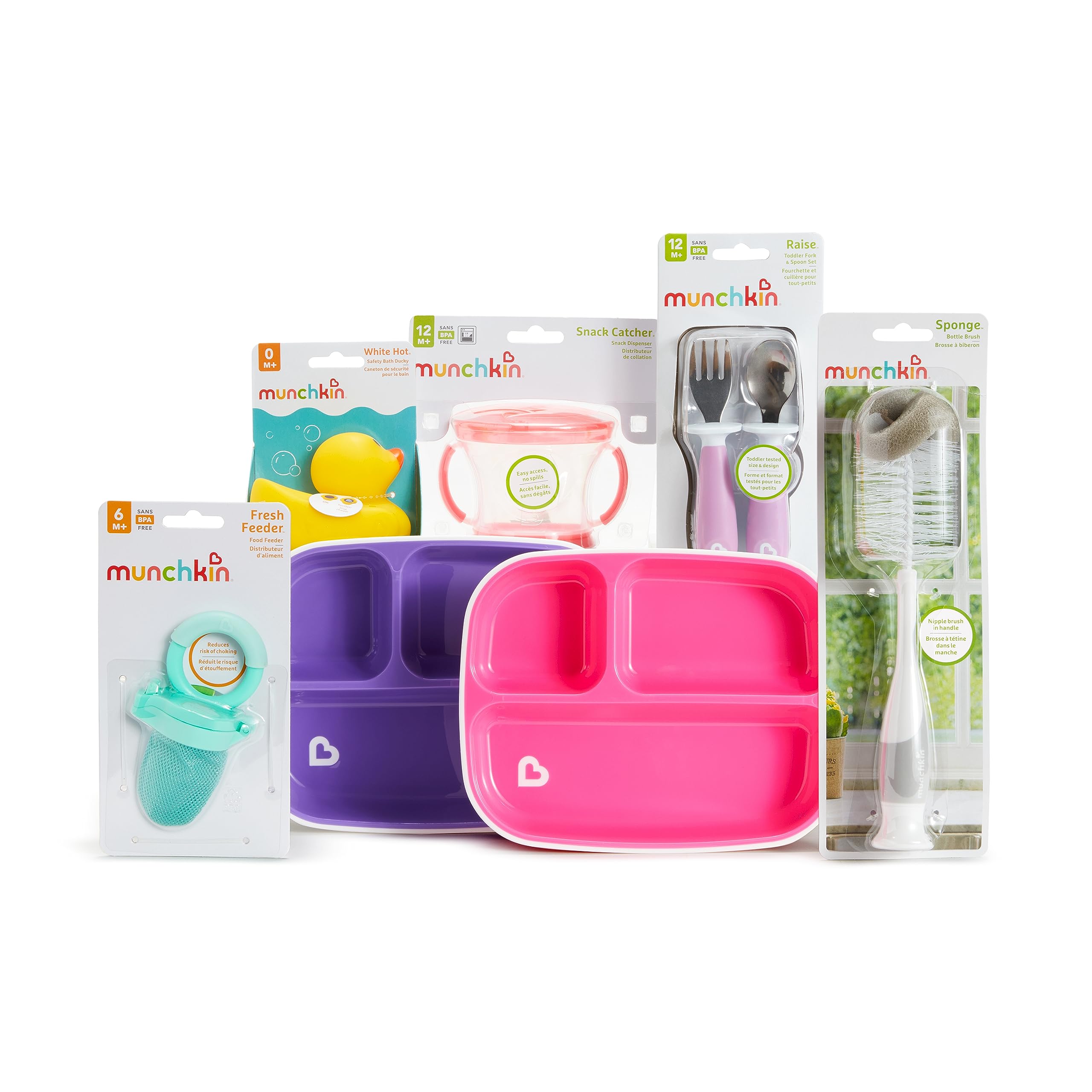 Munchkin® New Beginnings Baby Gift Set, Includes Feeding Utensils, Divided Plates, Bottle Brush, Bath Toy and Teether, Pink